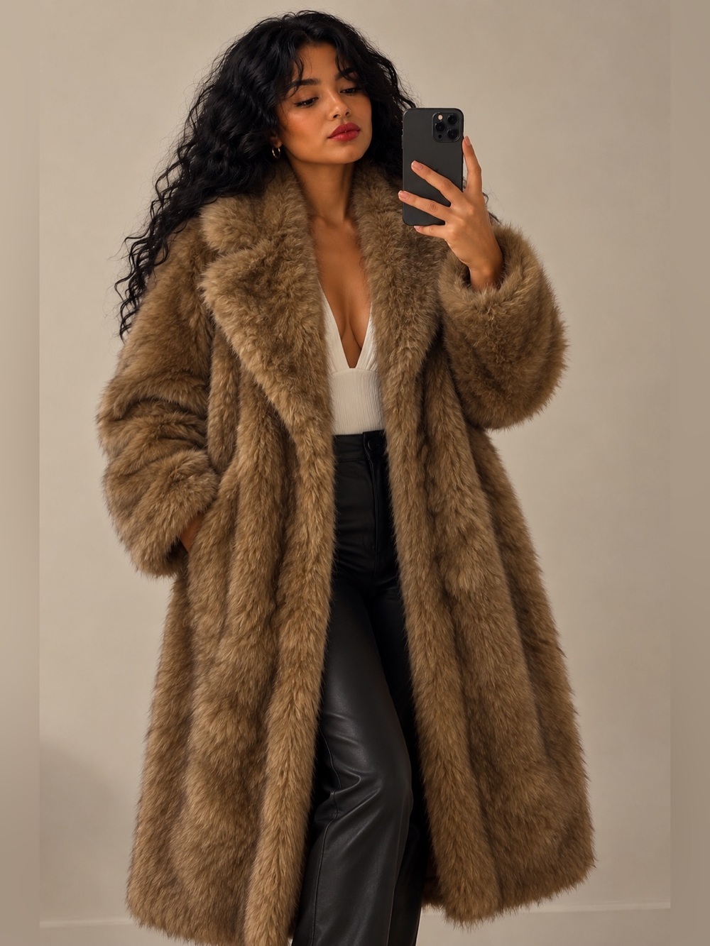 Long Faux-Fur Pea Coat in Brown